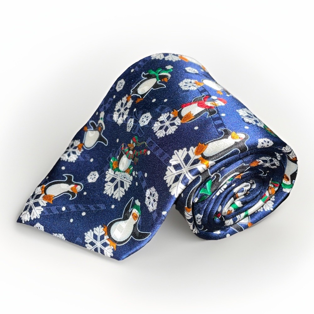 Hallmark‎ Yule Tie Greetings Blue Christmas Neck Tie Penguins Snowflakes